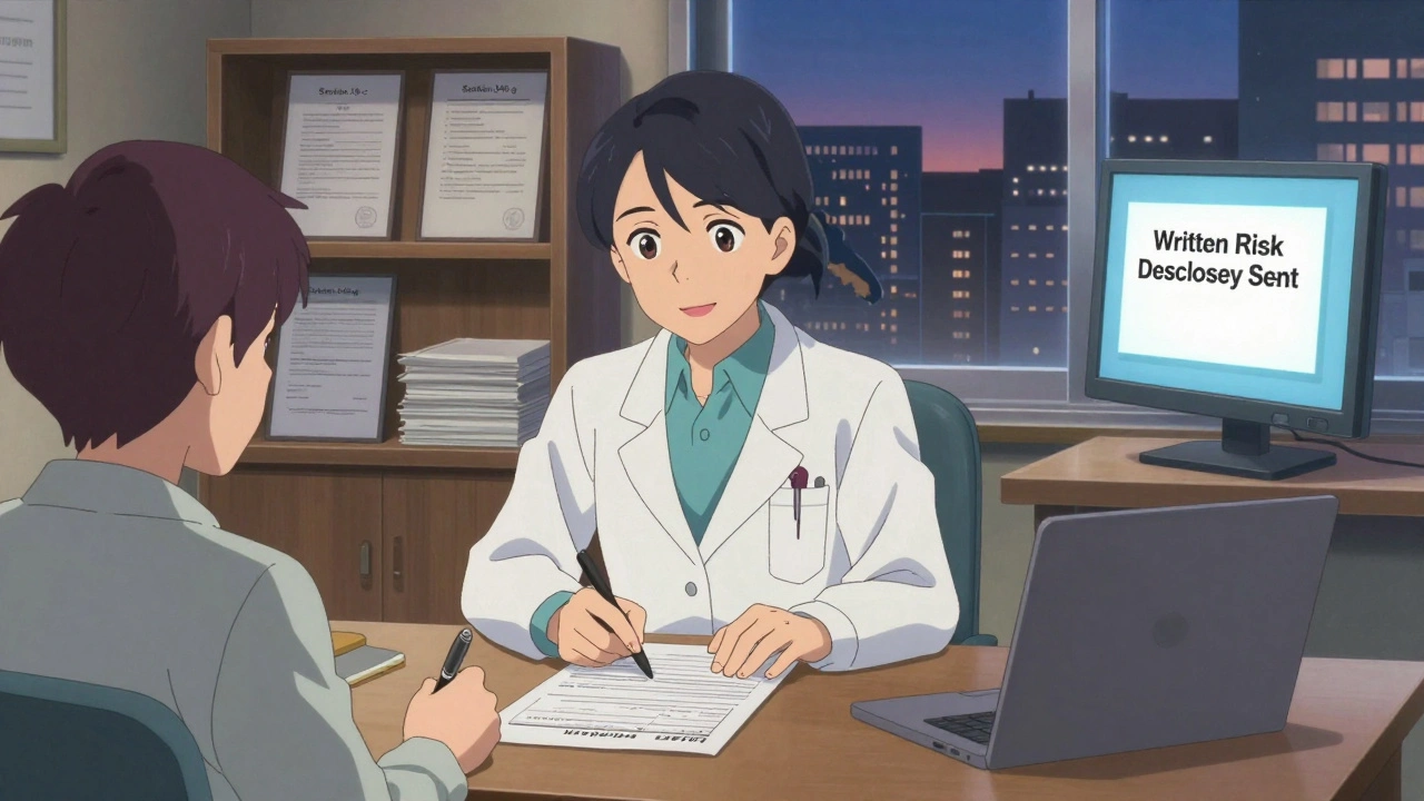 Potilas täyttää rahoituslomakkeen itse lääkärin toimistossa, jossa näkyy lakisääteiset säännökset.