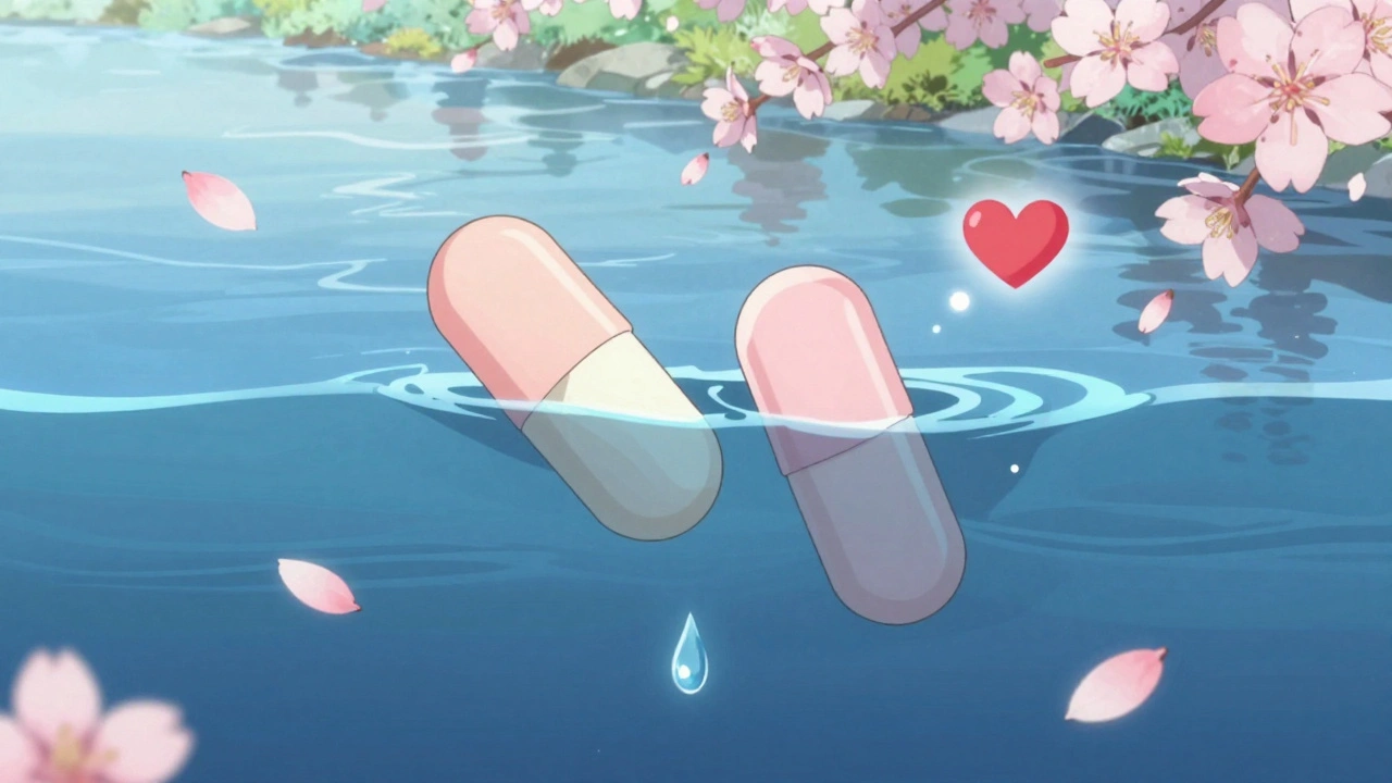Two pills in a river causing dangerous blood pressure drop with fading heart.