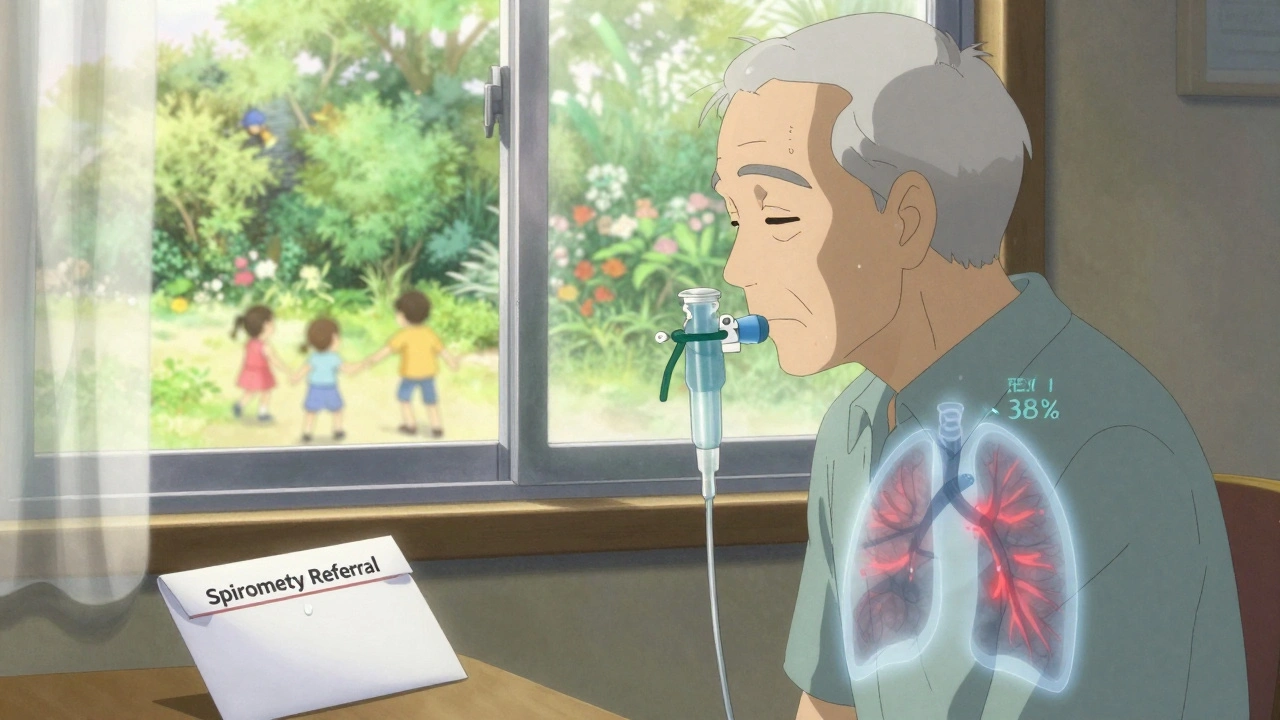 Vanha mies hengittää happia ikkunasta katsoen, lapsia leikittelemässä ulkona.