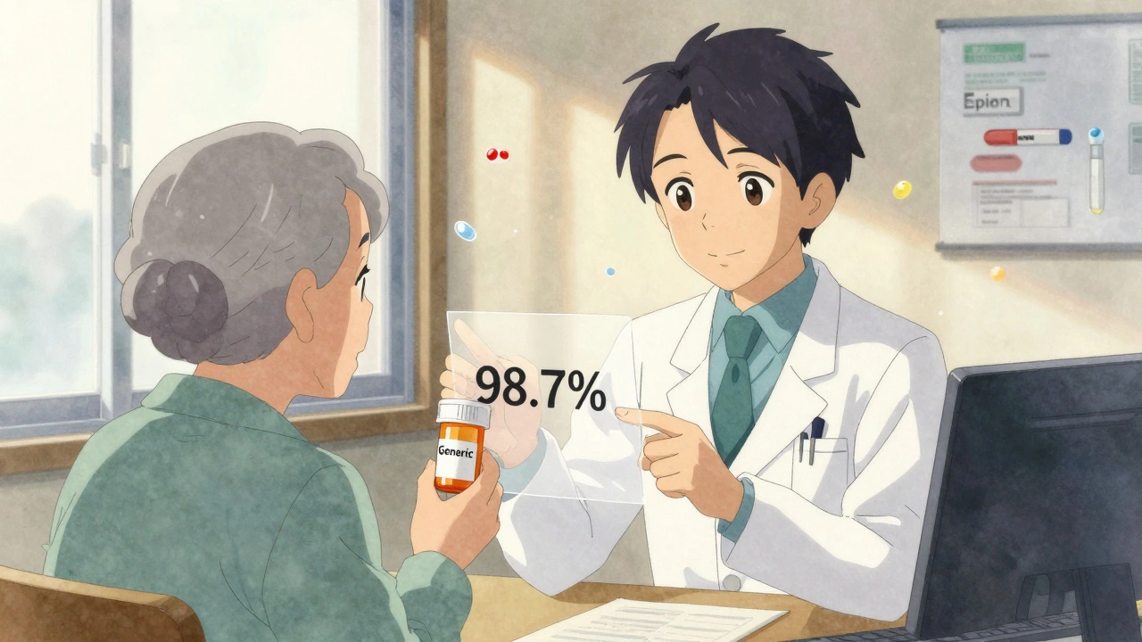 Vanha potilas ja lääkäri tarkastelevat terapeuttista yhtenevyyttä, tuotteen symbolit hienosti näkyvissä taustalla.