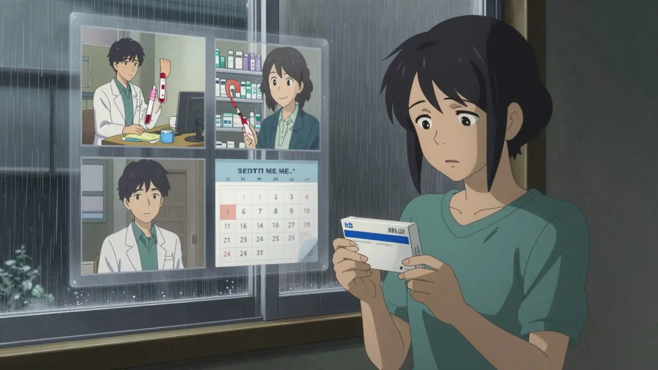 A patient holds a new medication box while memories of past treatments appear as translucent overlays.