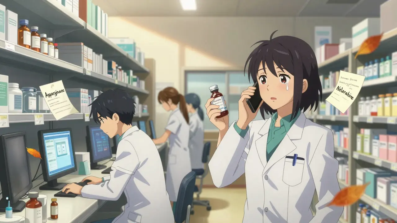 Apteekkarit etsivät lääkkeitä tyhjistä hyllyistä, digitaaliset näytöt näyttävät 'Ei saatavilla' -ilmoituksia.