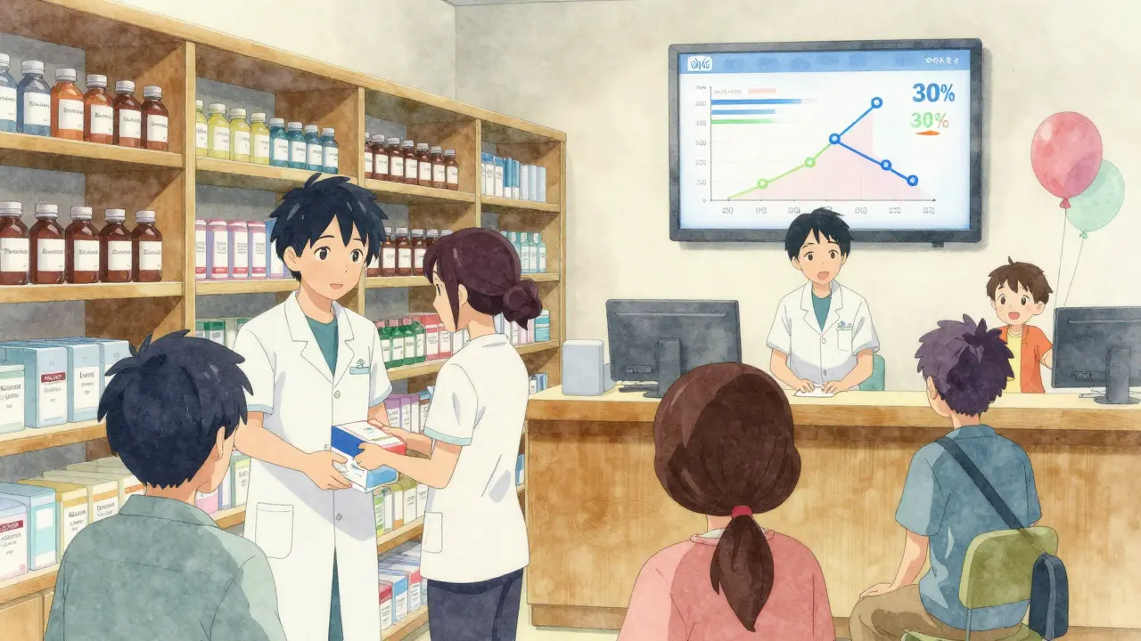 Apteekki, jossa biosimilaarilääkkeitä jaetaan potilaille.