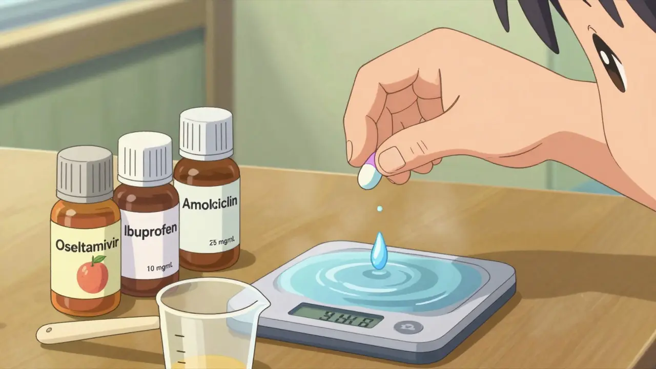 Child's hand dissolving a colorful pill with labeled medicine bottles nearby.