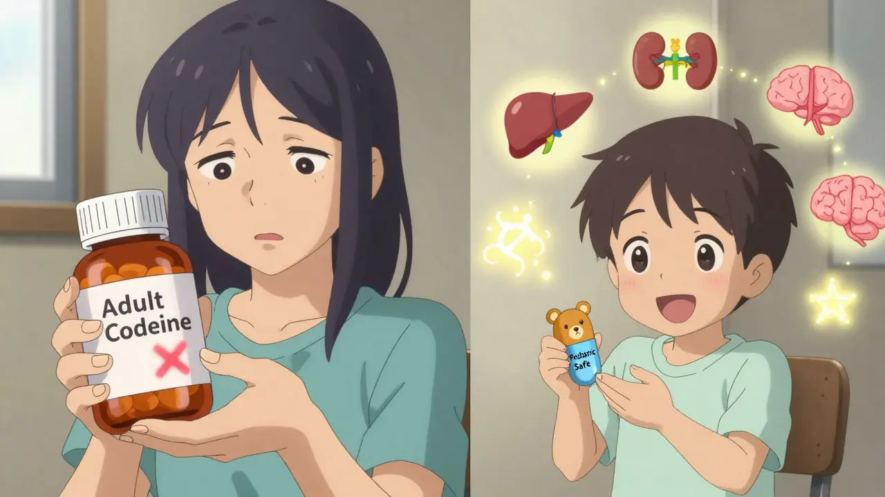 Contrasting adult and pediatric medicine with safe pediatric symbol.