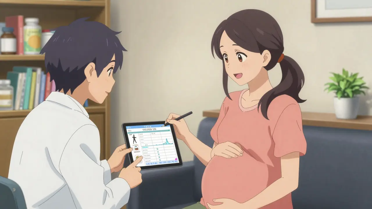 Diabeteskouluttaja opettaa raskaana olevaa naista klinikassa verensokerin seurannasta.