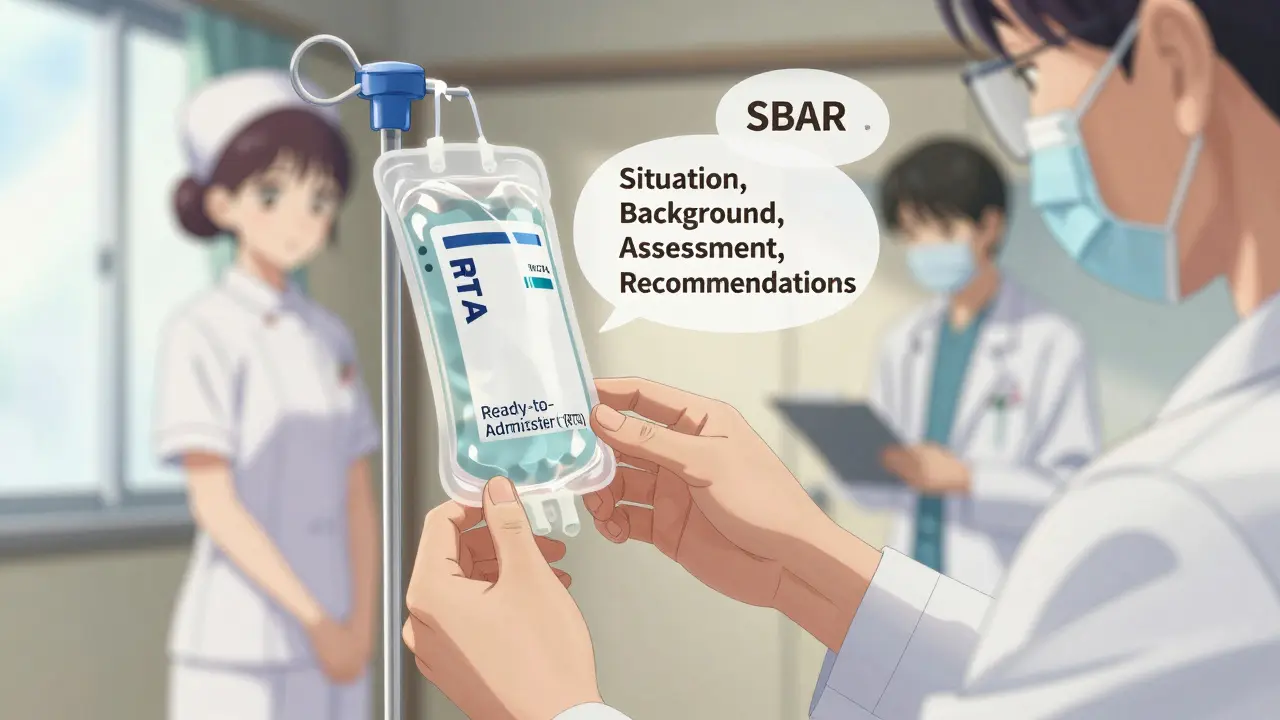 Farmaseutti valmistaa valmiin annostelun steriileissä olosuhteissa, SBAR-viestintä näkyy taustalla.