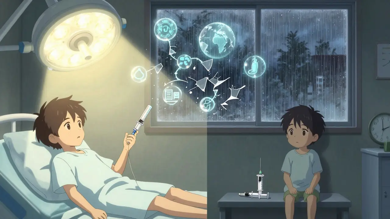 Kaksi kuvaa: lapsi saa hoitoa ja sama lapsi tyhjässä huoneessa, kello näyttää viikkoa myöhässä.