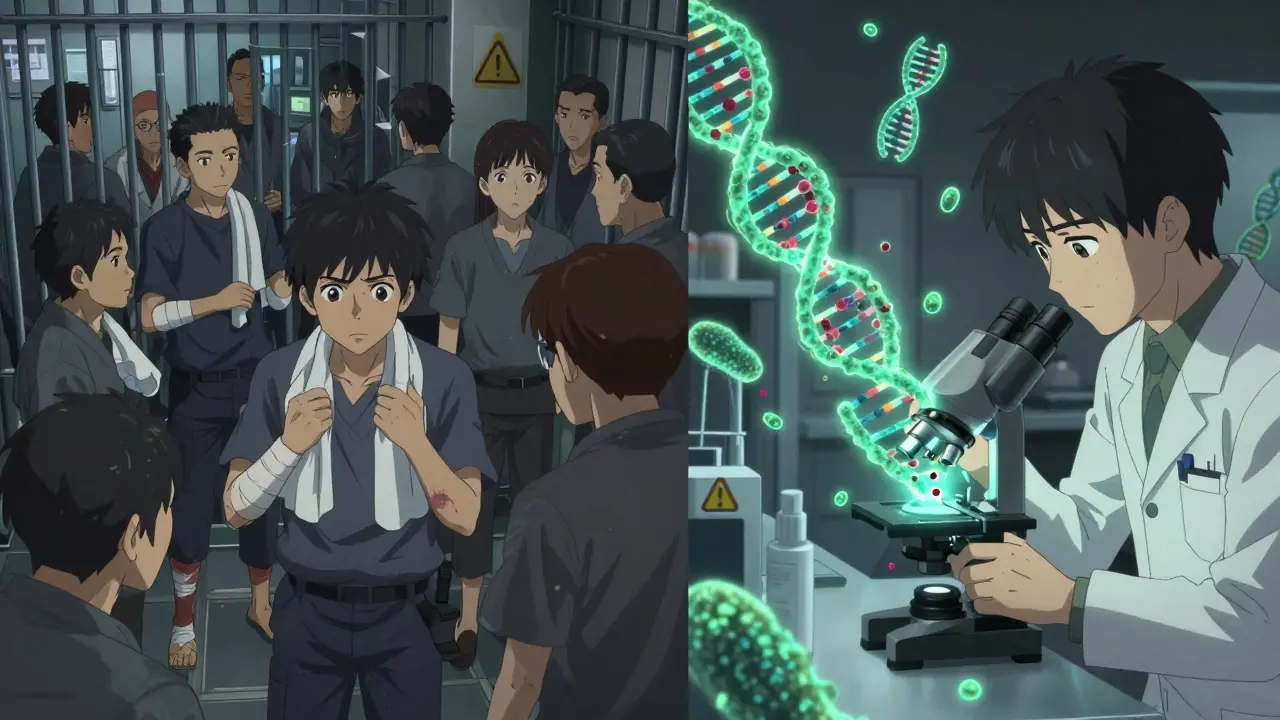 Kaksi näkymää: vankila ja laboratorio, bakteeri muodostuu DNA:sta, hybridimuoto valottaa.