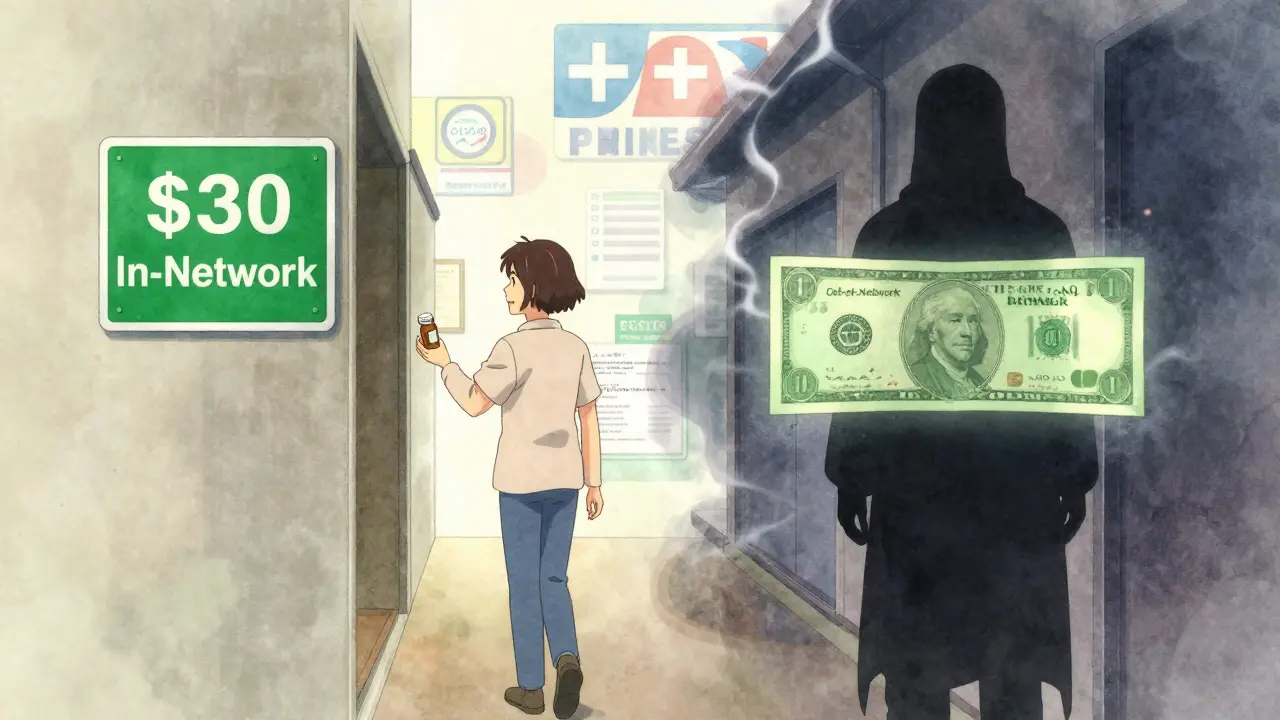 Kaksi polkua: toinen iloisesti antaa lääkkeen halvalla, toinen vaatii suurta maksua — symbolinen kuva järjestelmän erilaisista seurauksista.