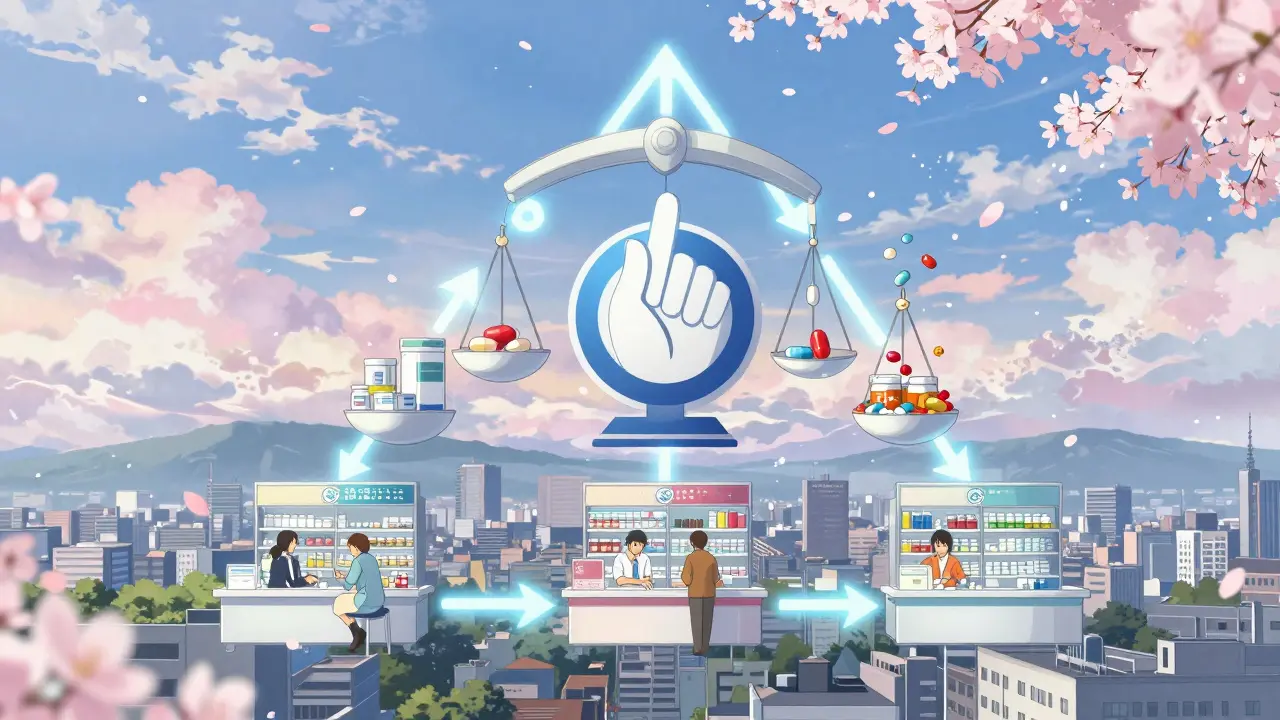 Kolmiomuotoinen lääkeketju taivaalla, generiikat painavat vaa'an toisella puolella, hengenkielinen tausta.