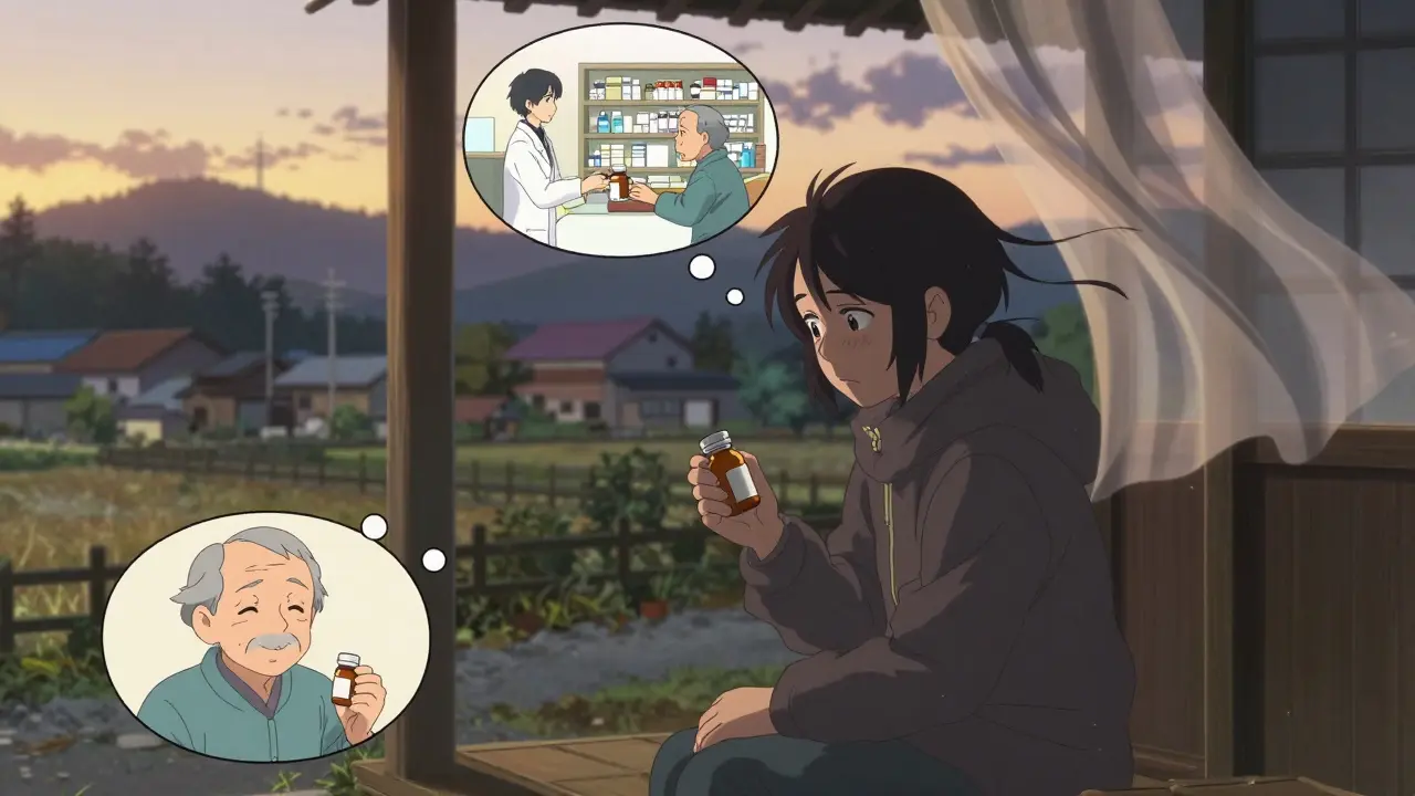 Kyläläinen katsoo generiikkalääkettä iltapäivän valossa, ajatuksissaan muistelua lääkärin neuvonnasta.