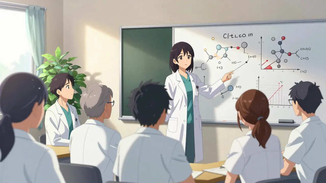 Lääketieteen opiskelijat keskustelevat generiikkojen bioekvivalenssista seminaarissa.