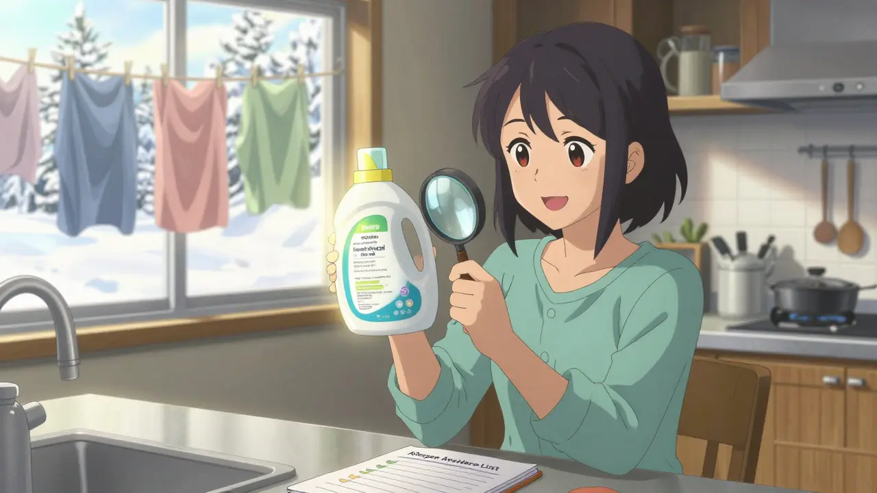 Nainen tarkastelee pesuaineen ainesosia, merkittyjä allergeneja suurennuslasilla.