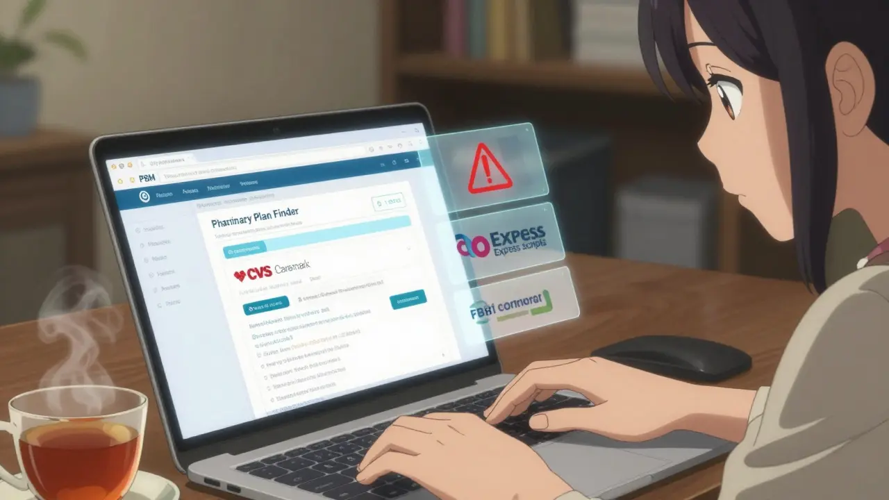 Nainen tarkistaa lääkkeiden hintoja tietokoneella, näytöllä näkyy apoteekkiverkostoja ja varoituksia.