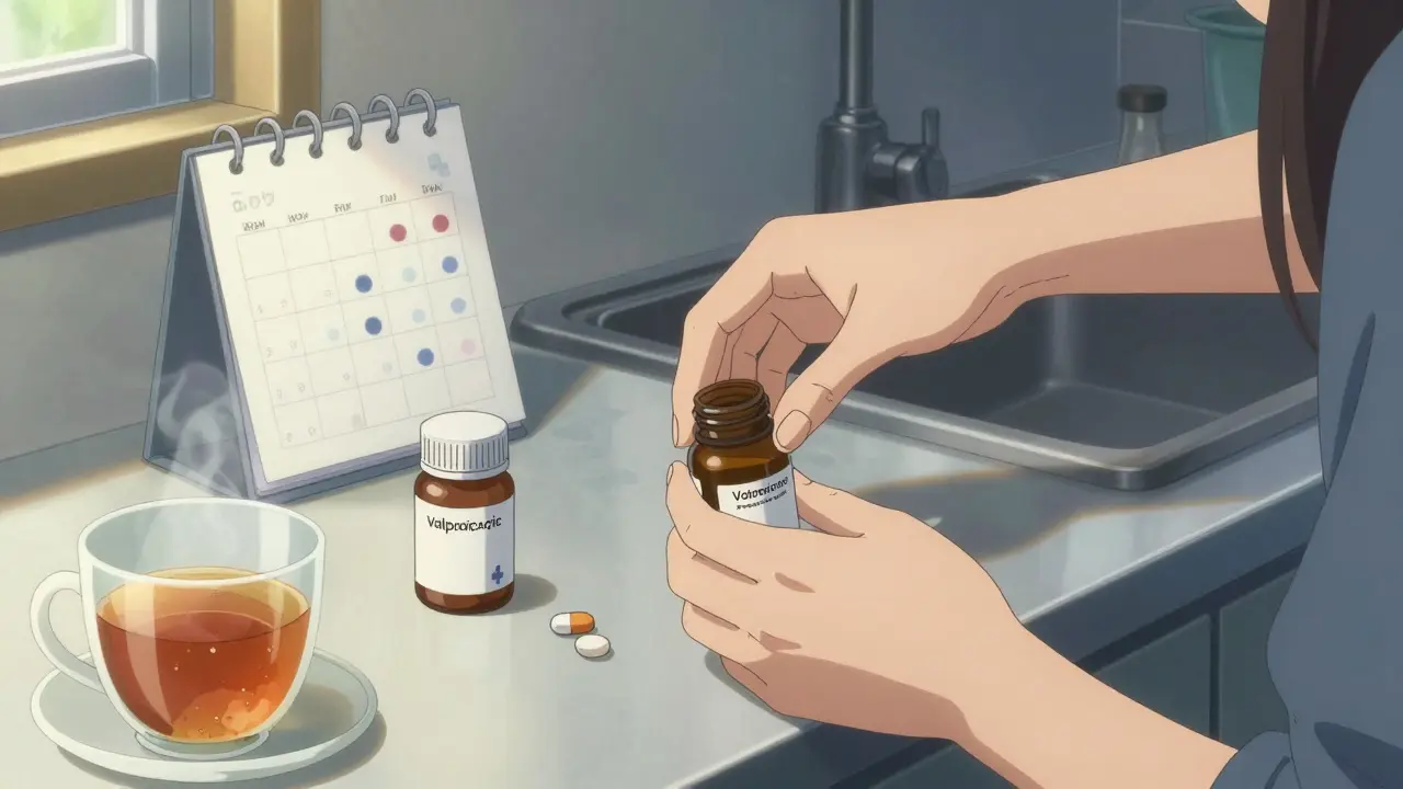 Nainen vaihtaa lääkkeitä keittiössä, viereen on laitettu foliinhappo ja kalenteri.