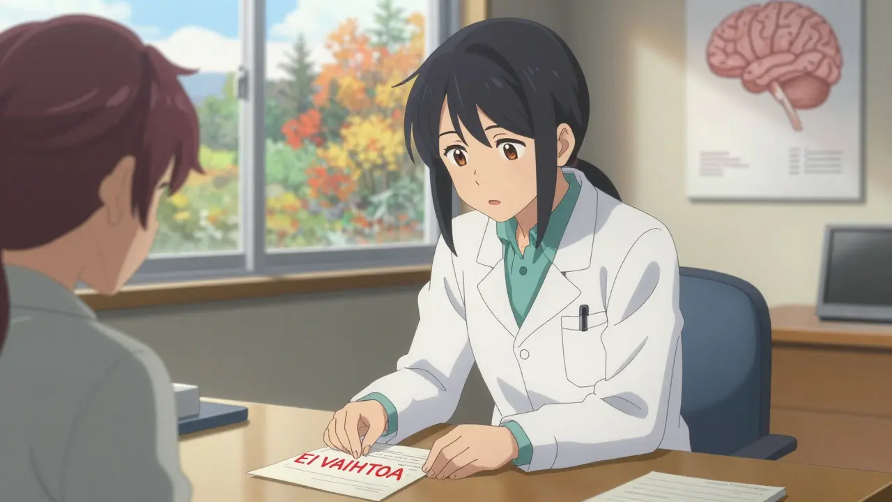 Neurologi antaa potilaalle määräyksen, jossa on kirjoitettu 'ei vaihtoa' punaisella.