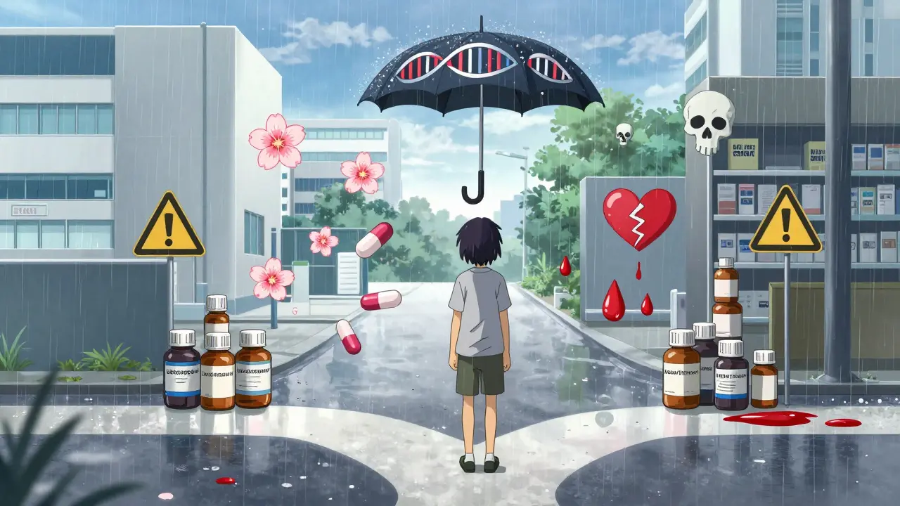 Patient at crossroads between modern HIV treatment and outdated lopinavir/ritonavir therapy, with warning symbols floating around.