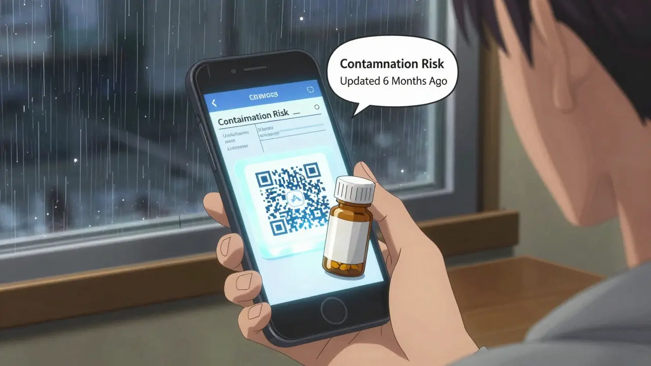Patient scanning a QR code to view an updated drug label with delayed warnings visible.