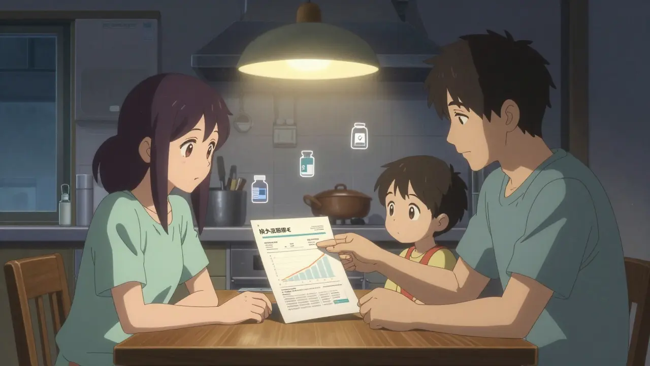 Perhe tarkastelee terveydenhuollon kustannuksia pöydällä illalla.