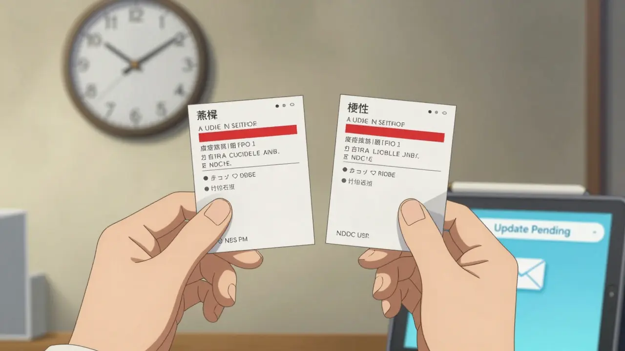 Pharmacist comparing two identical drug labels with red highlights and a ticking clock.