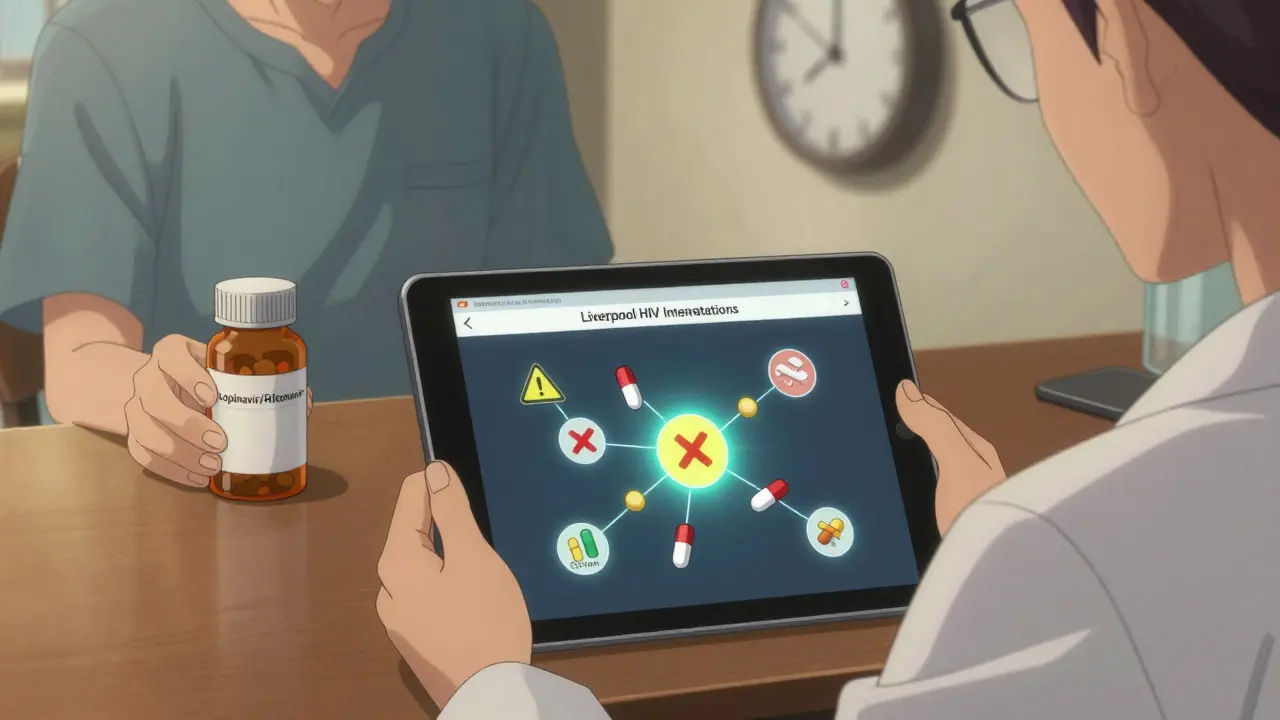 Pharmacist reviewing drug interaction database while patient holds lopinavir/ritonavir bottle in quiet clinic.