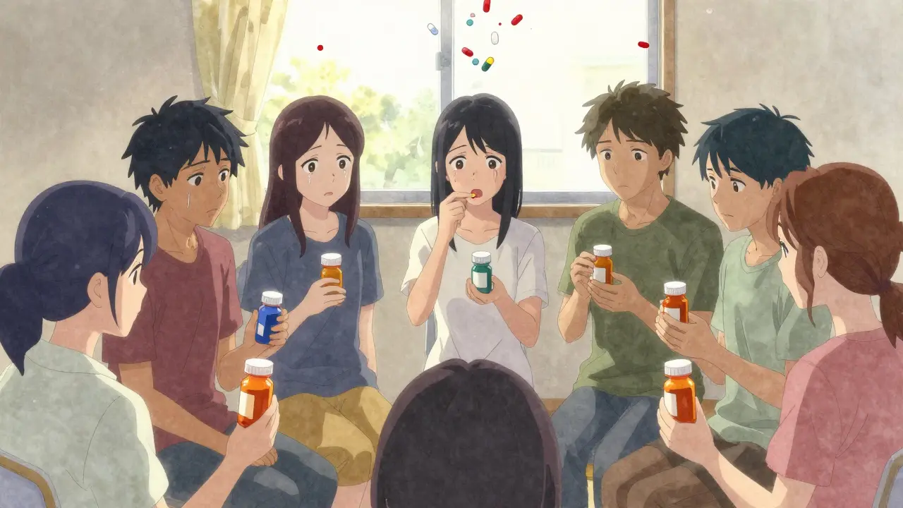 Potilaat keskustelevat antiseizure-lääkkeiden vaihdosta tukiryhmässä, joista joku huomaa lääkkeen muuttuneen.