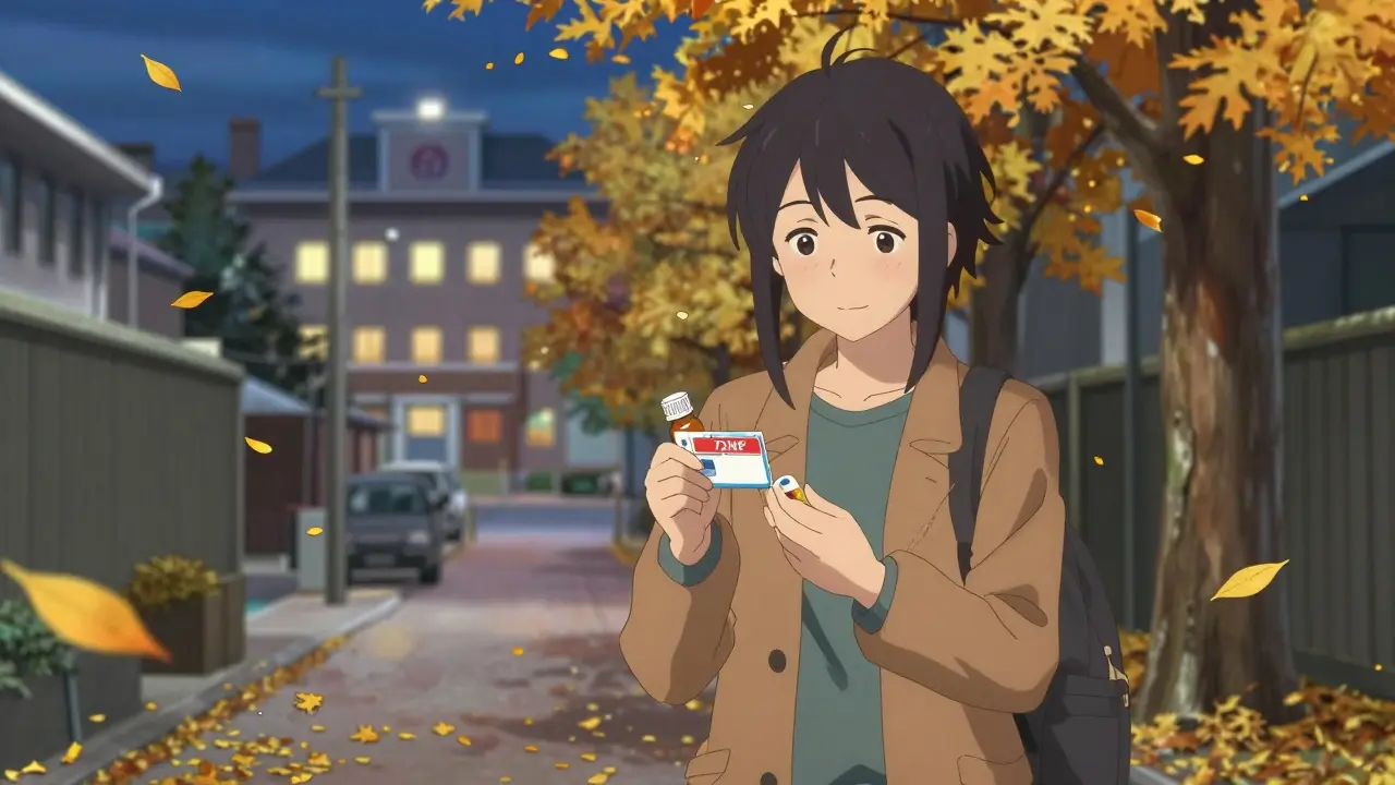 Potilas kuljettaa hätävarastolääkettä kotiin autiolla kadulla.