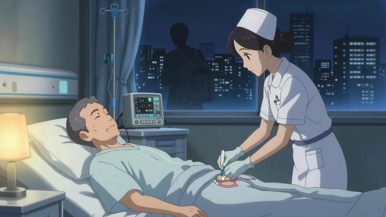 Sairaalassa hoitaja hoitaa katetroa, ikkunasta näkyy ulkomaailma, potilas nukkuu.