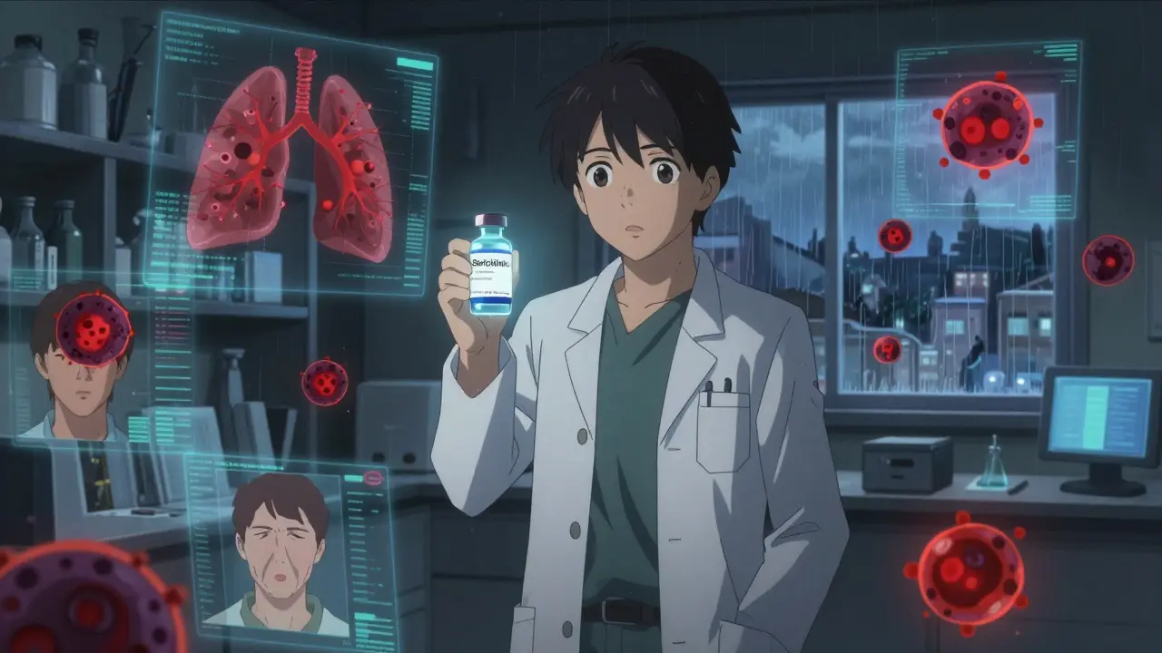 Tutkija laboratoriossa pitää baricitinibin pulloa, ympärillä vaaralliset merkit: verenhyytymiä, syöpäsoluja ja tartuntoja.