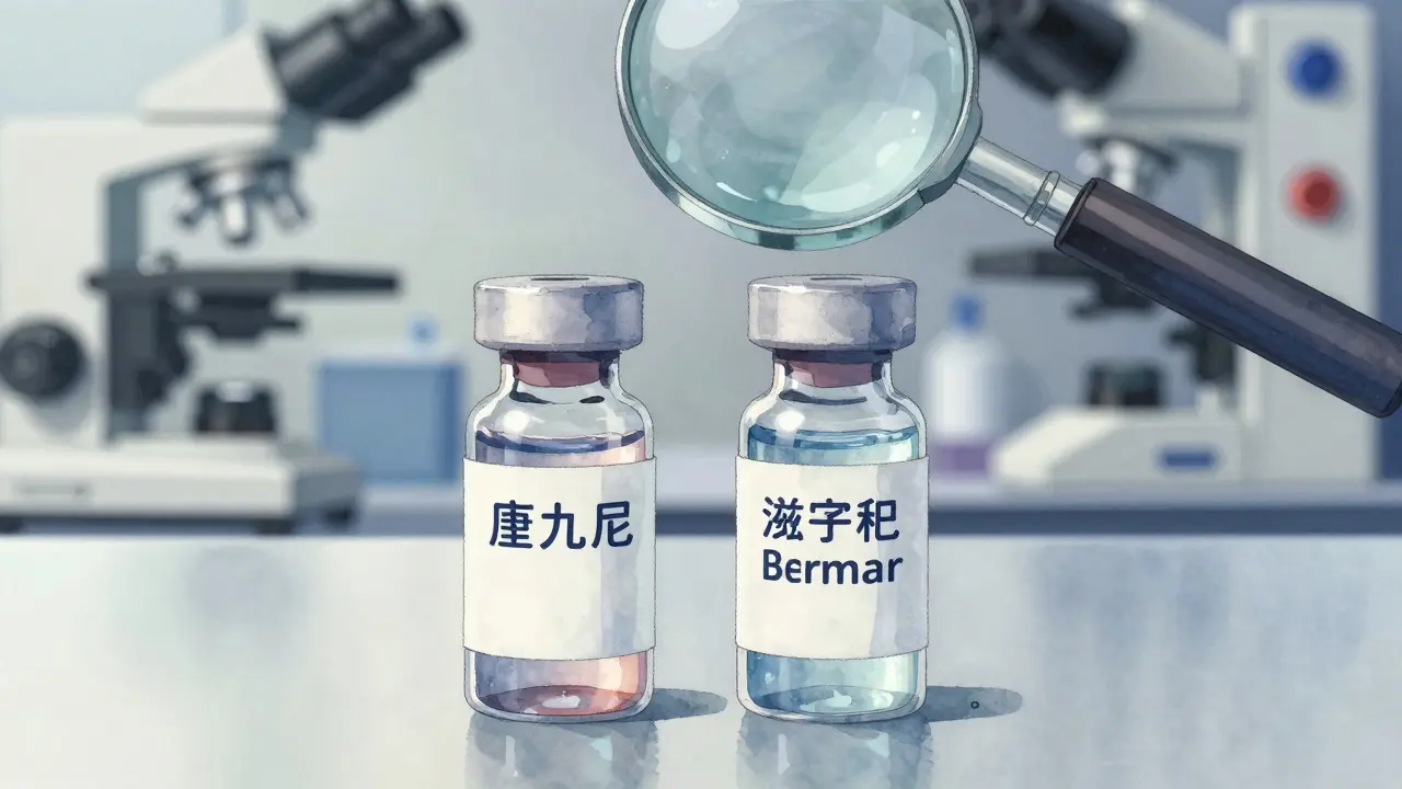 Two similar medication vials side by side, one branded and one biosimilar, with scientific tools nearby.