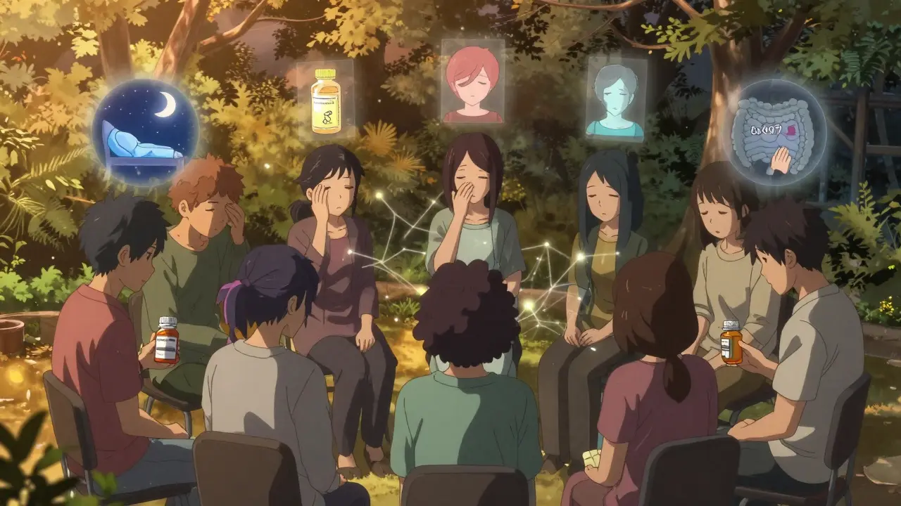 Useat Long COVID-potilaat istuvat tukiryhmässä, jokaisella eri lääkepullo, ympärillä heidän sisäisiä oireitaan kuvaavat läpinäkyvät kuvat.