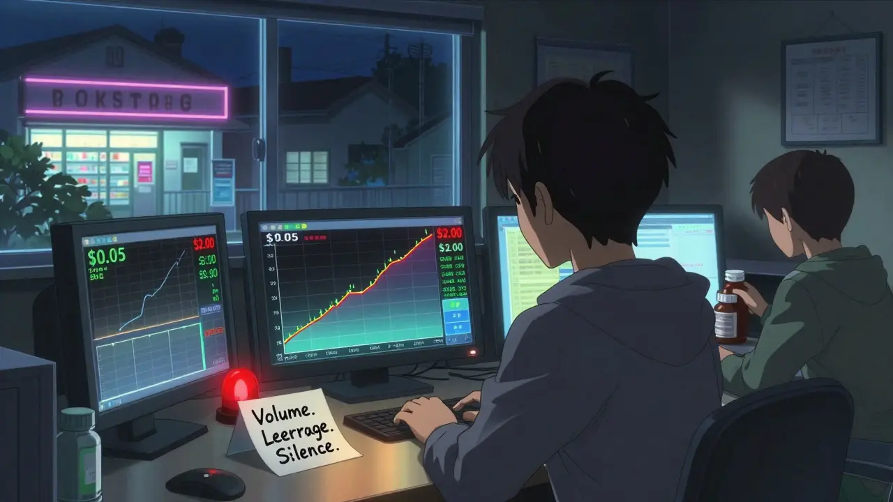 Valvontahuone, jossa näytöillä näkyy lääkkeen hinnan nousu, ulkona farmasia ja potilas.