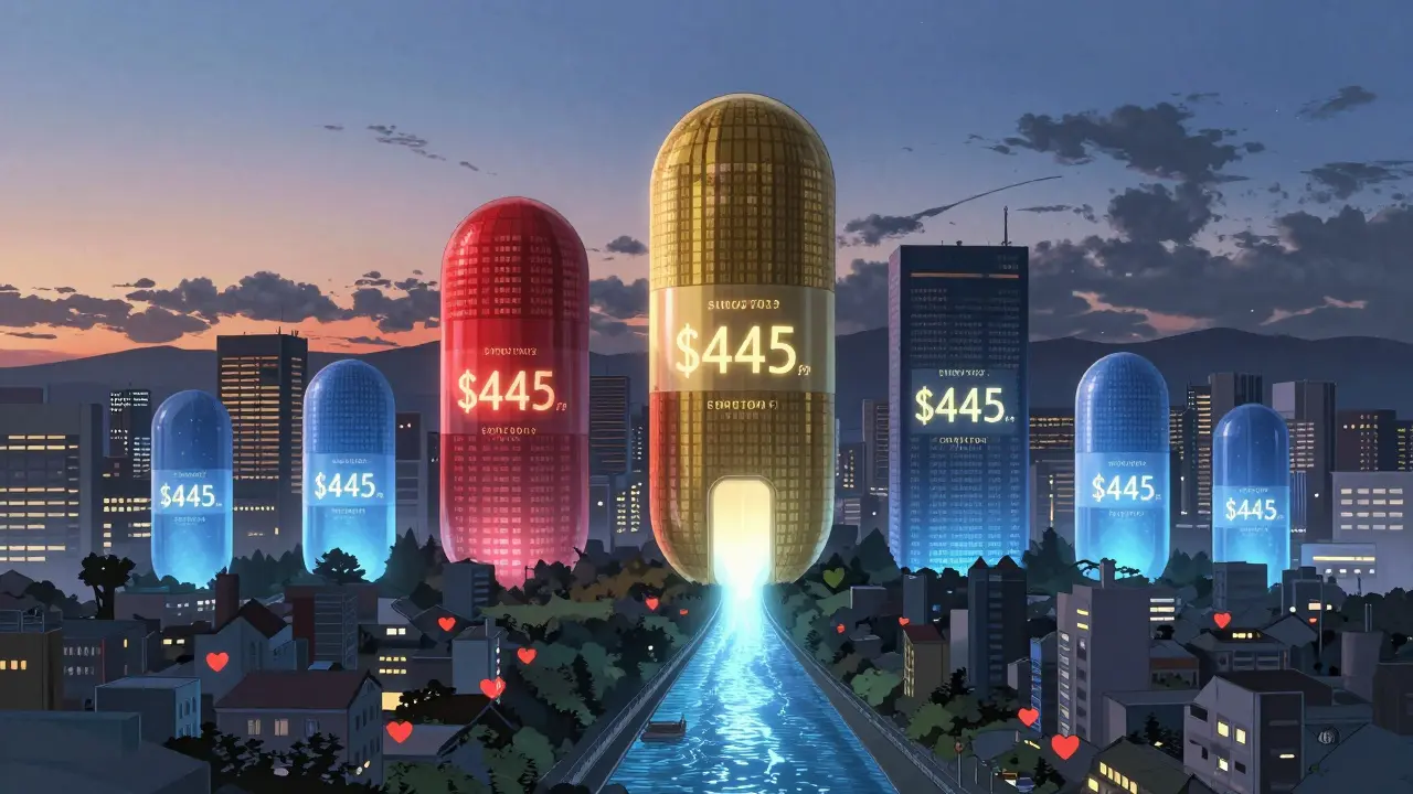A city skyline at dusk with pill-shaped buildings, branded ones glowing red, generic ones shining blue, representing billions saved in healthcare.