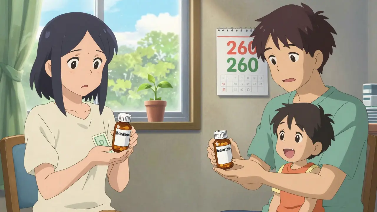 A family at home, one side showing expensive branded medicine, the other showing affordable generic medicine with savings shown on a calendar.