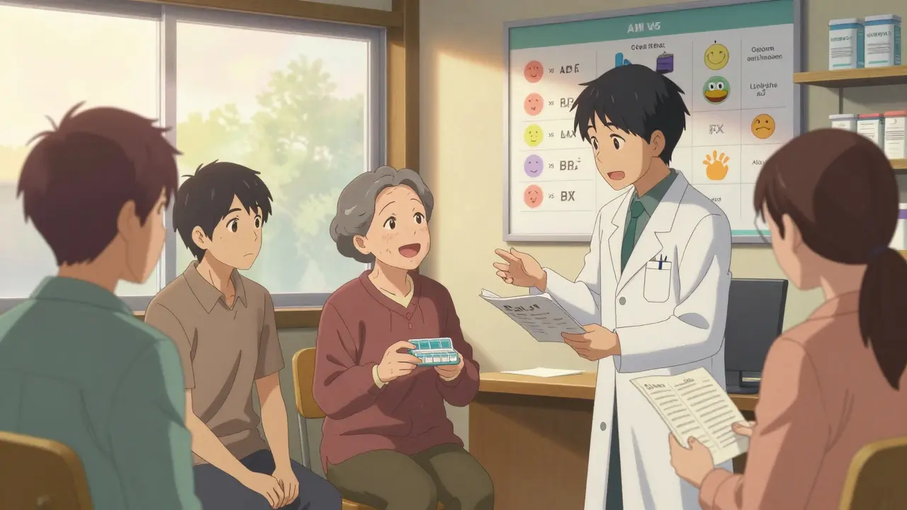 Apoteekkari selittää potilaille generiikkalääkkeiden turvallisuutta ystävällisessä ympäristössä.