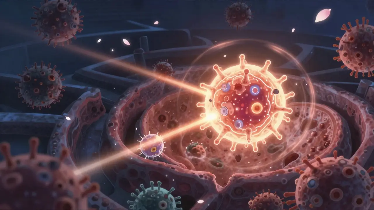 CAR-T-solu hyökkää syöpäsoluja vastaan, tuhoamassa ne valaisevalla energialla.