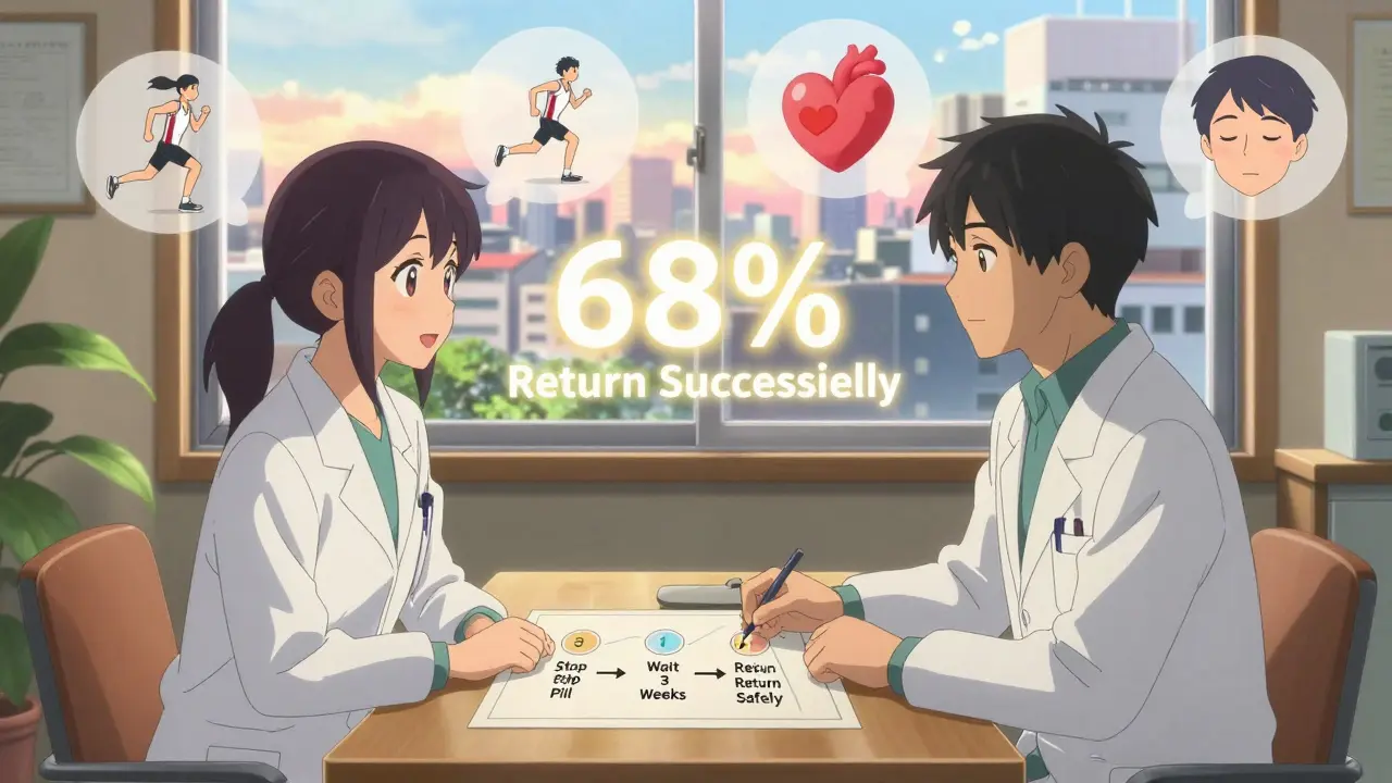 Doctor and patient discussing statin rechallenge with a visual flowchart and positive statistics.