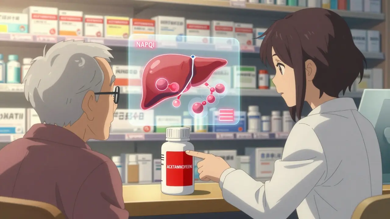 Farmaseuttinen neuvoo vanhaa miestä lääkkeiden turvallisesta käytöstä.