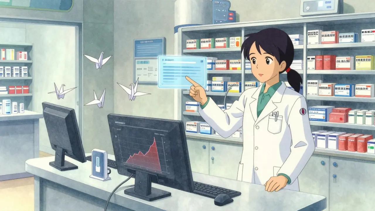 Futuristic pharmacy control room with floating data graphs and AI alerts guiding generic medication restocking.