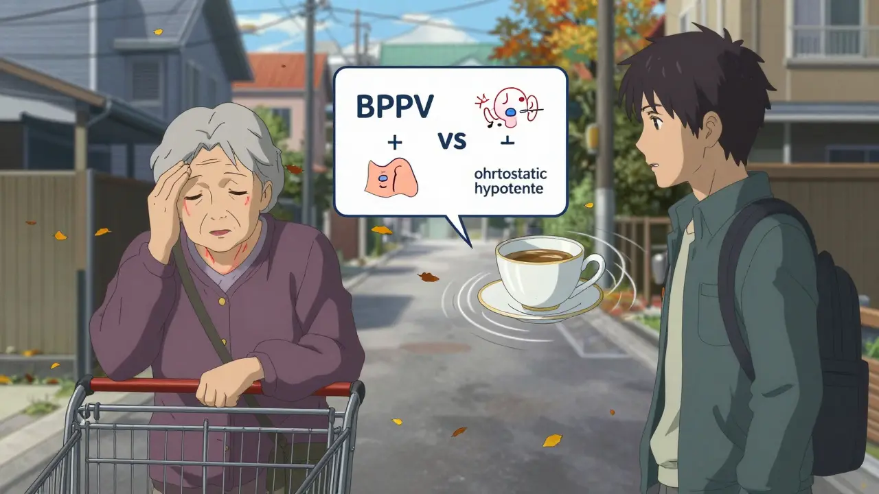 Kaksi ihmistä: toinen huimaa, toinen näkee pyörivän kupin — vertigo ja dizziness esitettynä side by side.