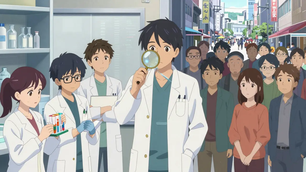 Kaksi näkymää: laboratorion tutkijat ja kaupunkikävijät, lääkäri analysoi tietoja.