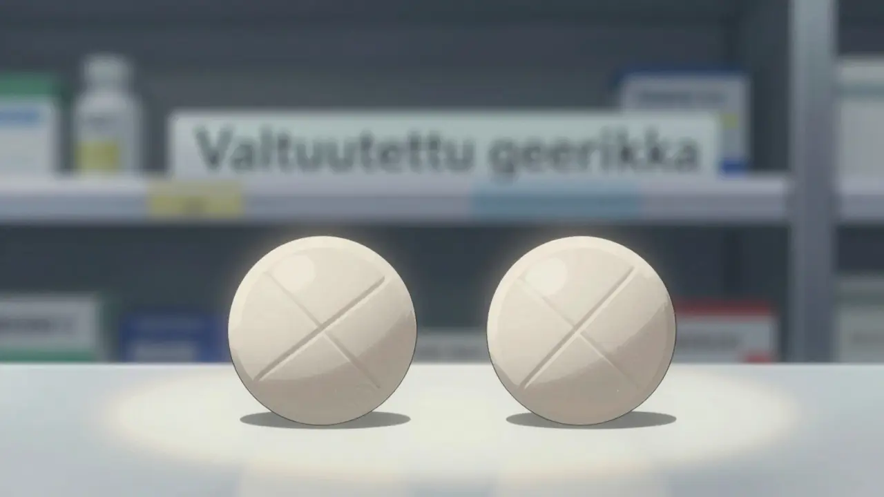 Kaksi tablettia ovat identtiset: brändi ja valtuutettu generiikka side by side.