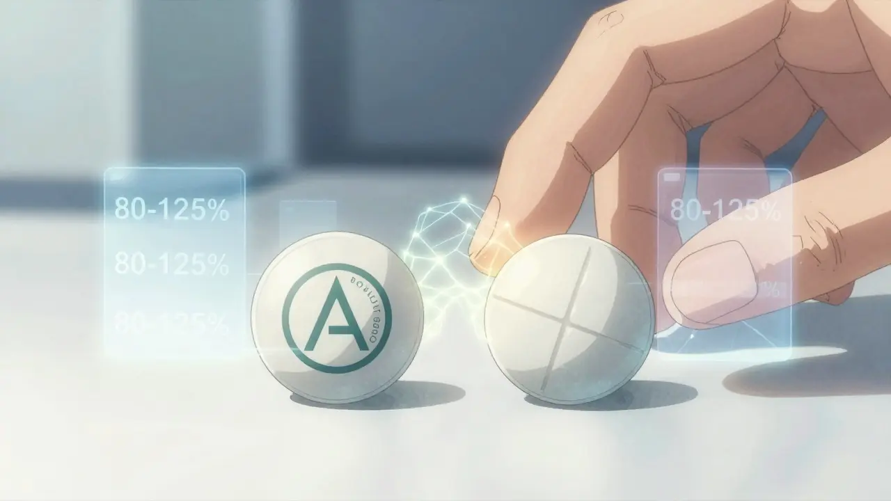 Kaksi tablettia side by side, joissa näkyy bioekvivalenssin tietoja ja terapeuttinen ekvivalenssi.