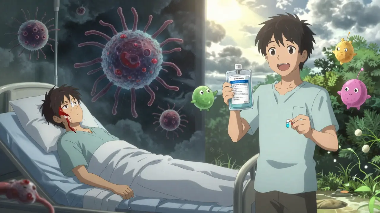 Kaksi tilannetta: vaarallinen ripuli vs. hoitotulokset probiotiikkojen ja hoitomallin avulla.