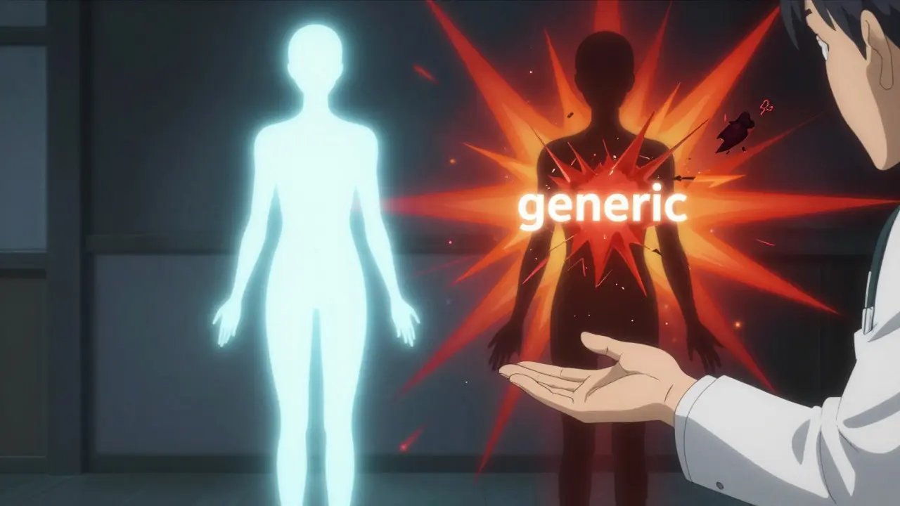 Kuvio esittää nimikkeellisen ja generiikkalääkkeen eron symbolisesti valon ja varjona.