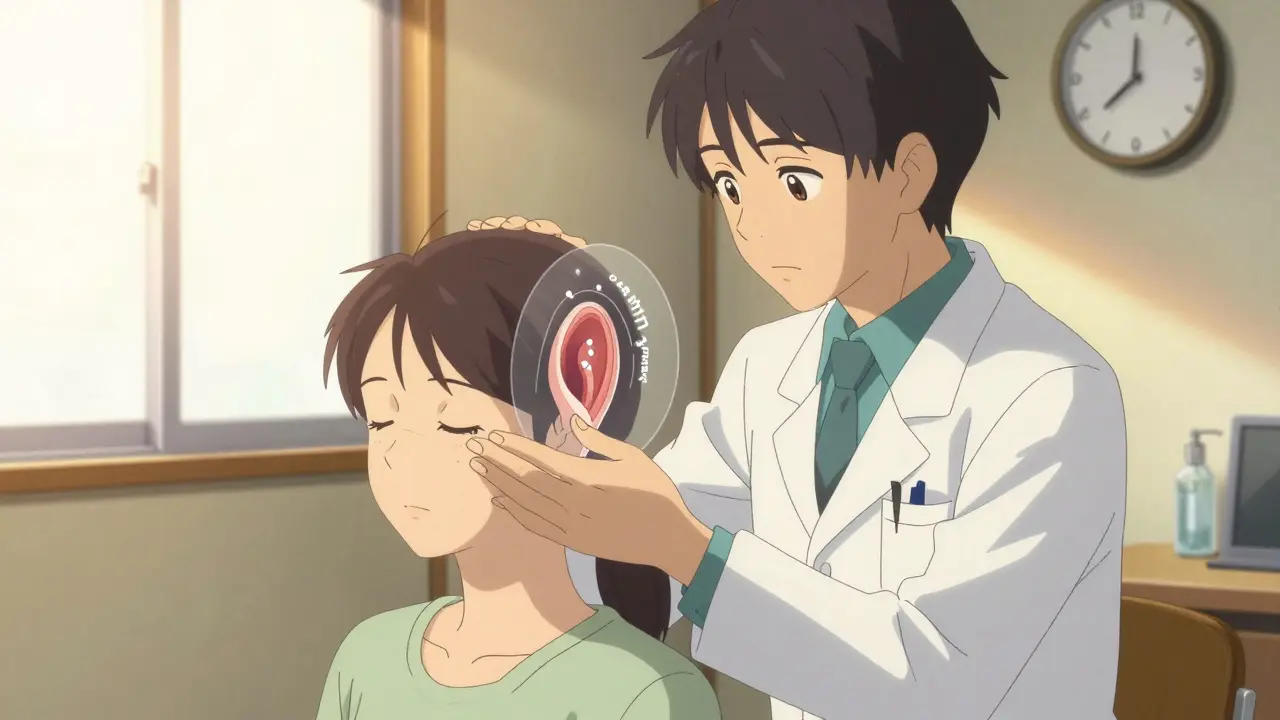 Lääkäri suorittaa Epleyn menetelmää, näytettäessä sisäkorvan kalkkikiteiden liikettä.