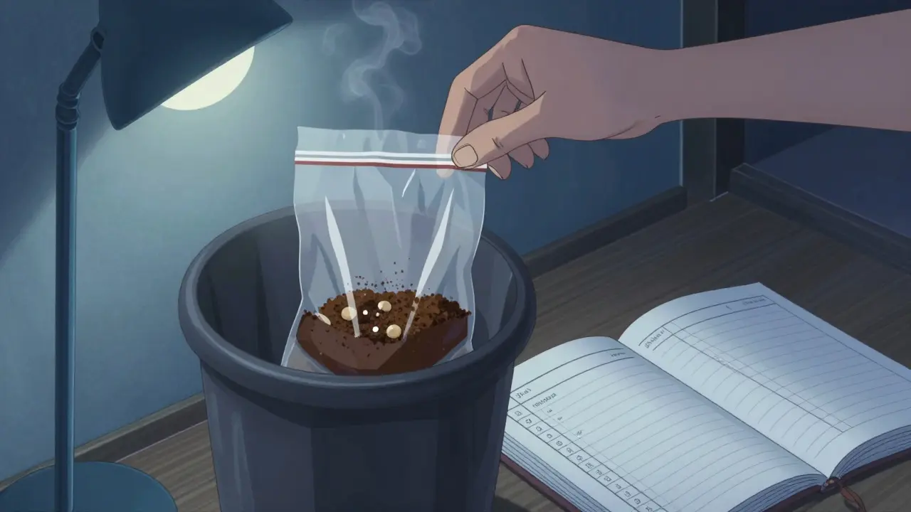 Lääke sekoitetaan kahviin ja heitetään roskakoriin turvallisesti.