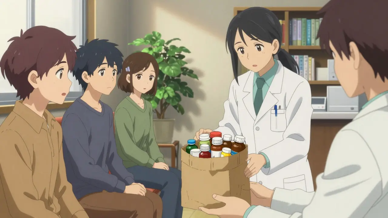 Lääkkeet tuodaan lääkärille Brown Bag -menetelmällä.