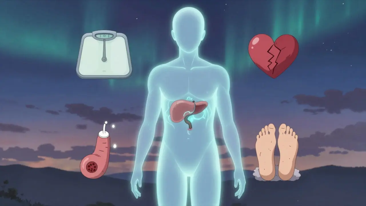 Läpinäkyvä ihmisen keho, jossa näkyvät vauriot haimassa, sydämessä ja hermoissa, taustalla aurora.